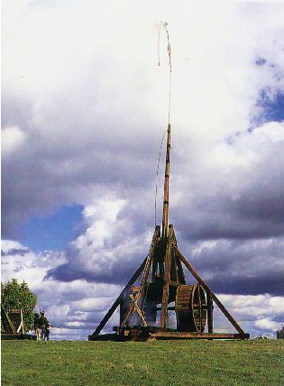The big trebuchet caught immediately after its sling releases a stone