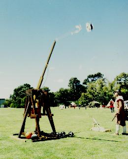 Mis-fire! A trouserball falls out of the sling in mid-launch .... photo by Dick Stein