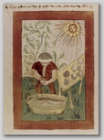Knollenbereitung aus Pulverteig: „An d(er) sun gederet ein dag ist pesser dan in der stuben drey dag ich dir sag“ (um 1430) (Zentralbiliothek Zürich, Ms. rh. hist. 33 b, f. 36 verso) Fundstelle: LENG 2002, Tafel 14
