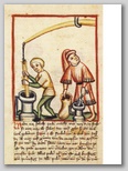 Halbmechanische Pulverstampfe mit hölzernem „Stämpfel“ (1411) (Österreichische Nationalbibliothek Wien, Cpv 3069, f. 4 verso) Fundstelle: LENG 2002 (wie Anm. 49), Tafel 4